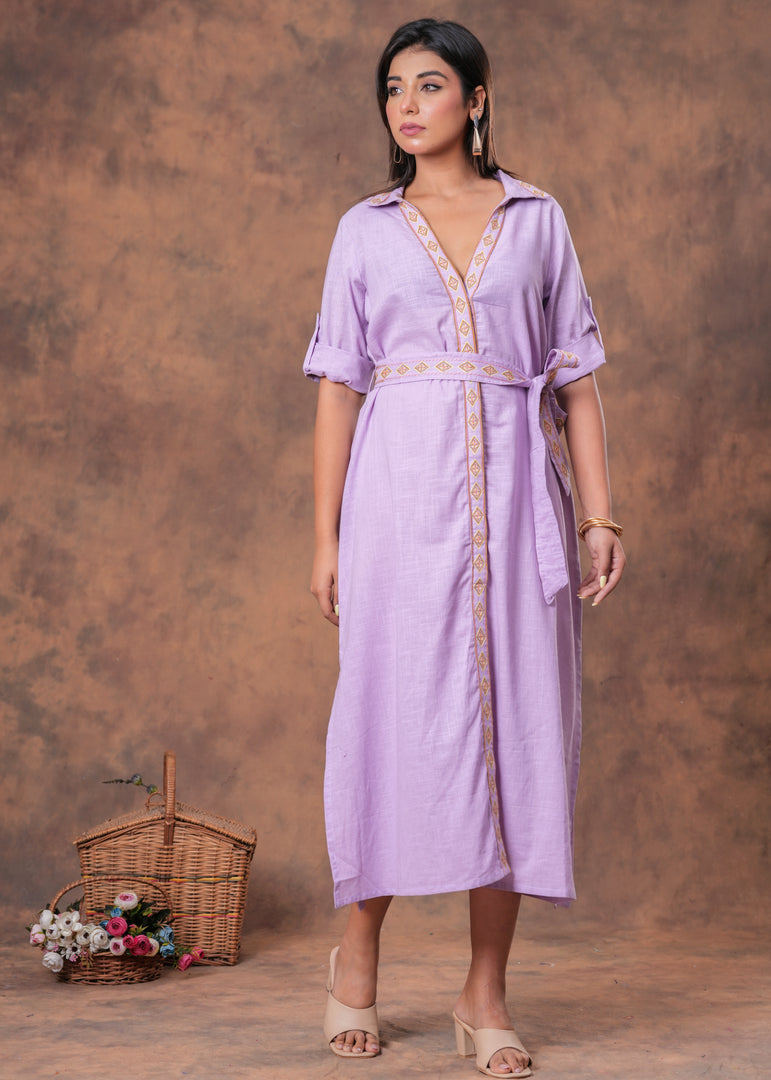 Sencei Lavender Cotton Slub Embroidered Belted Midi Shirt Dress
