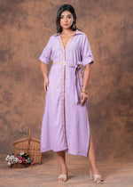 Load image into Gallery viewer, Sencei Lavender Cotton Slub Embroidered Belted Midi Shirt Dress

