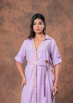 Load image into Gallery viewer, Sencei Lavender Cotton Slub Embroidered Belted Midi Shirt Dress
