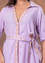 Load image into Gallery viewer, Sencei Lavender Cotton Slub Embroidered Belted Midi Shirt Dress

