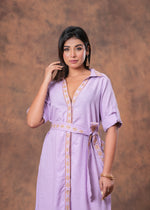 Load image into Gallery viewer, Sencei Lavender Cotton Slub Embroidered Belted Midi Shirt Dress
