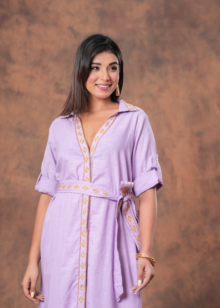 Sencei Lavender Cotton Slub Embroidered Belted Midi Shirt Dress