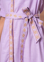 Load image into Gallery viewer, Sencei Lavender Cotton Slub Embroidered Belted Midi Shirt Dress
