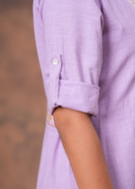 Load image into Gallery viewer, Sencei Lavender Cotton Slub Embroidered Belted Midi Shirt Dress
