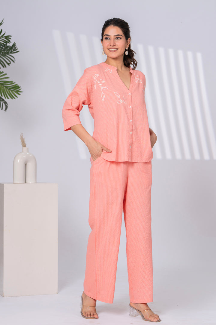 Sencei Women's Katha Cotton Co-ord Set with Hand Embroidery | Relaxed Fit Top & Bottom | Soft & Breathable Loungewear