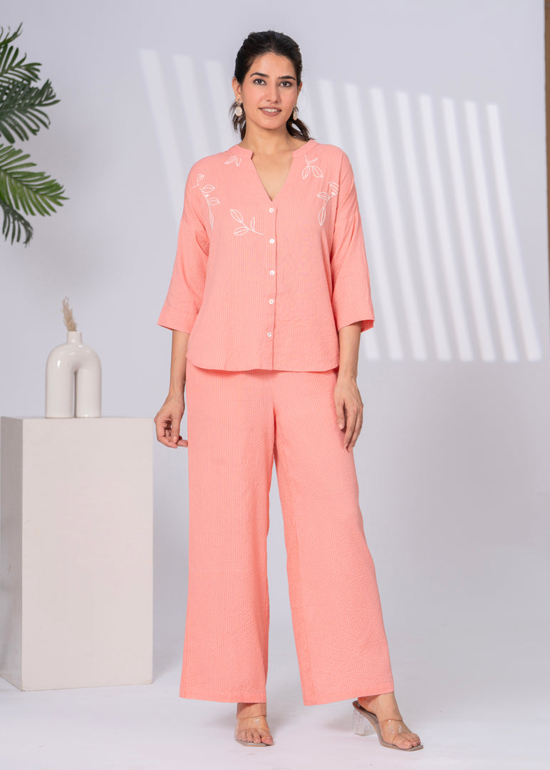 Sencei Women's Katha Cotton Co-ord Set with Hand Embroidery | Relaxed Fit Top & Bottom | Soft & Breathable Loungewear