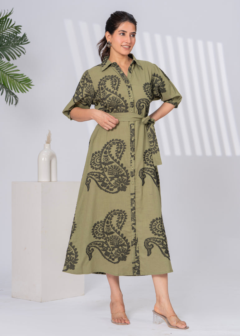 Sencei Handcrafted Cotton Maxi Dress with Embroidered Paisley Motif