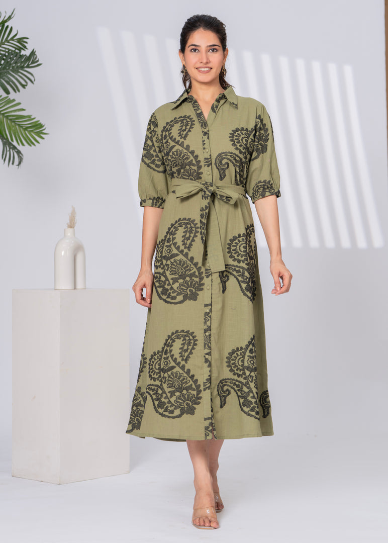 Sencei Handcrafted Cotton Maxi Dress with Embroidered Paisley Motif