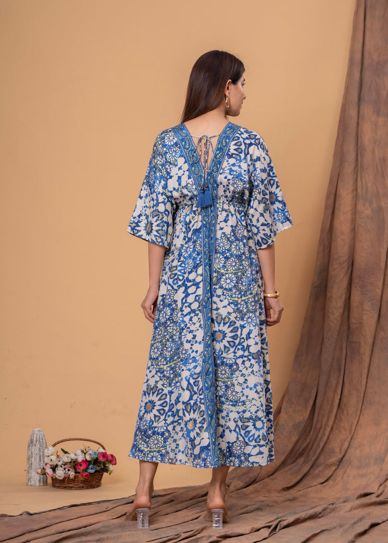 Sencei Women's Silk Printed Kaftan Maxi Dress | Elegant V-Neck Kimono Sleeve Lounge Wear for Summer & Resort