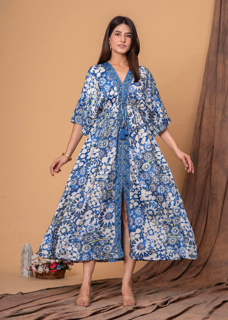 Sencei Women's Silk Printed Kaftan Maxi Dress | Elegant V-Neck Kimono Sleeve Lounge Wear for Summer & Resort