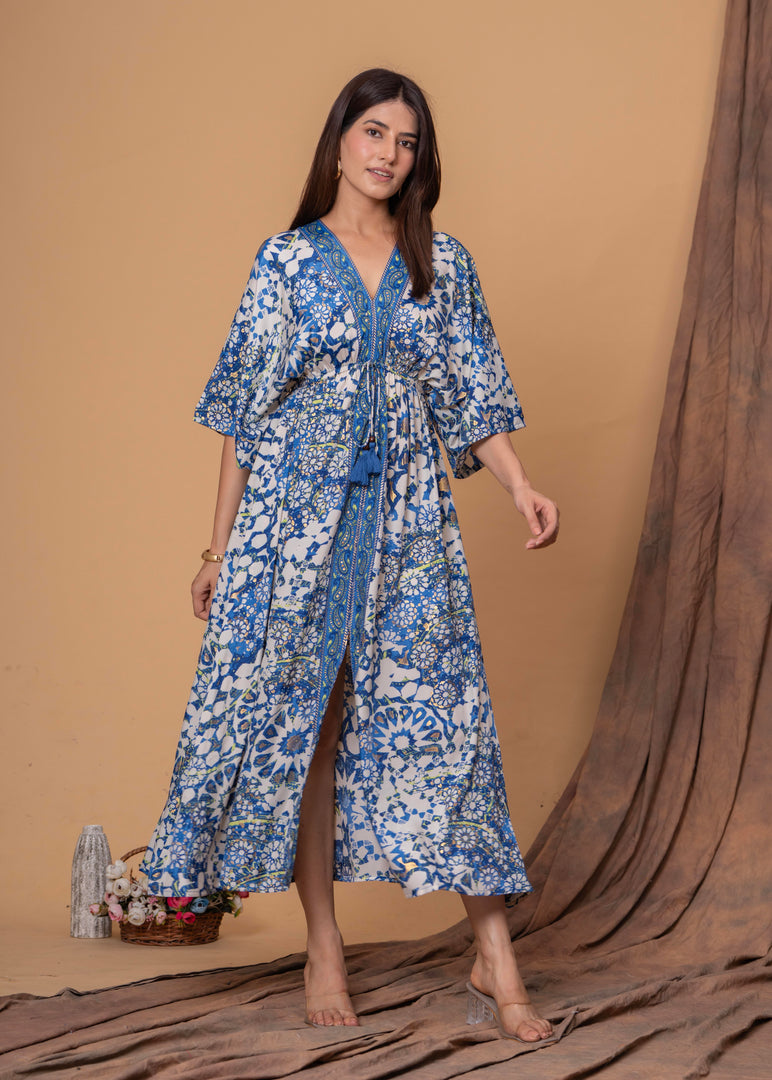 Sencei Women's Silk Printed Kaftan Maxi Dress | Elegant V-Neck Kimono Sleeve Lounge Wear for Summer & Resort