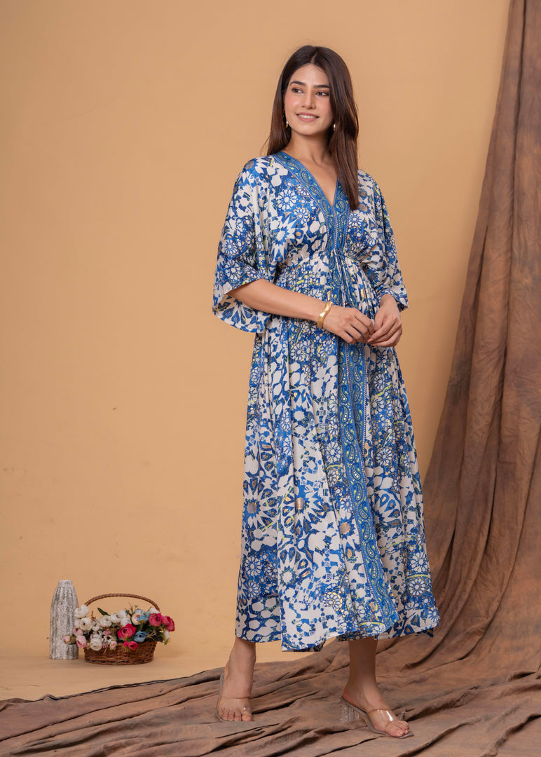 Sencei Women's Silk Printed Kaftan Maxi Dress | Elegant V-Neck Kimono Sleeve Lounge Wear for Summer & Resort