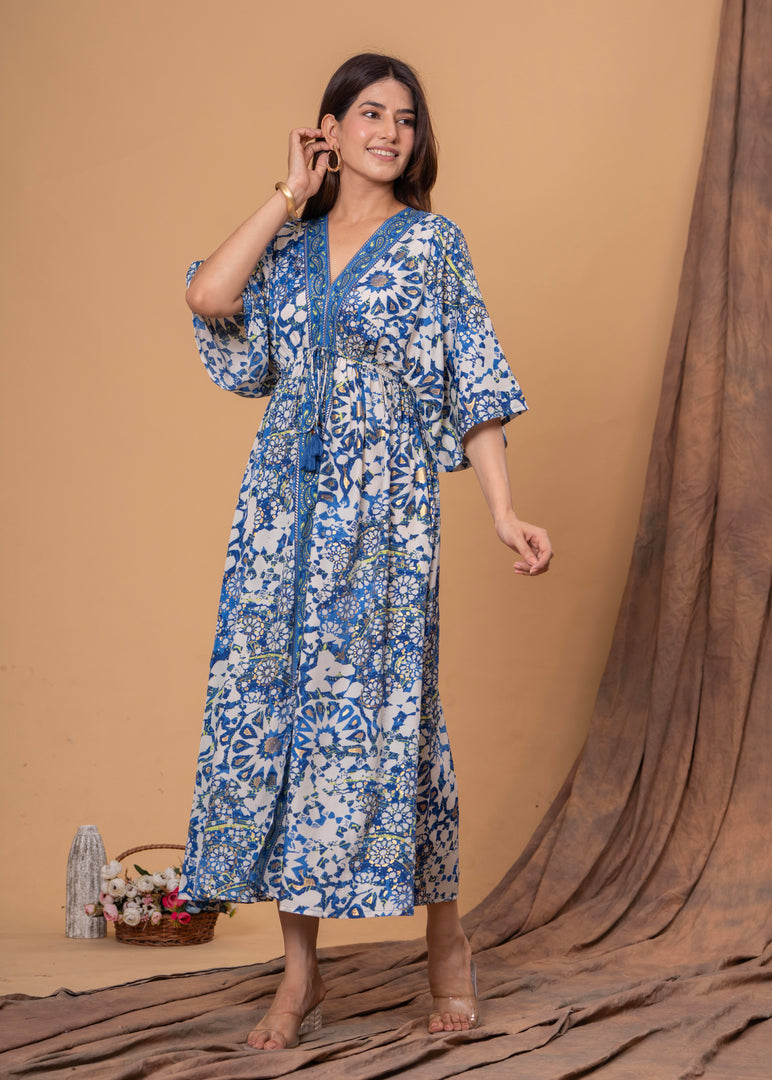 Sencei Women's Silk Printed Kaftan Maxi Dress | Elegant V-Neck Kimono Sleeve Lounge Wear for Summer & Resort