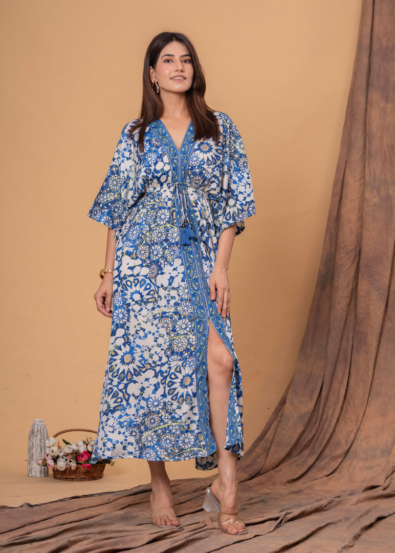 Sencei Women's Silk Printed Kaftan Maxi Dress | Elegant V-Neck Kimono Sleeve Lounge Wear for Summer & Resort