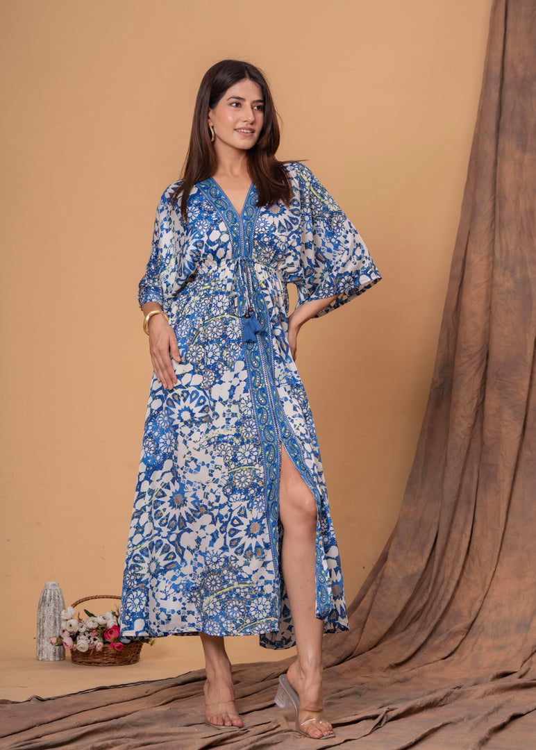 Sencei Women's Silk Printed Kaftan Maxi Dress | Elegant V-Neck Kimono Sleeve Lounge Wear for Summer & Resort
