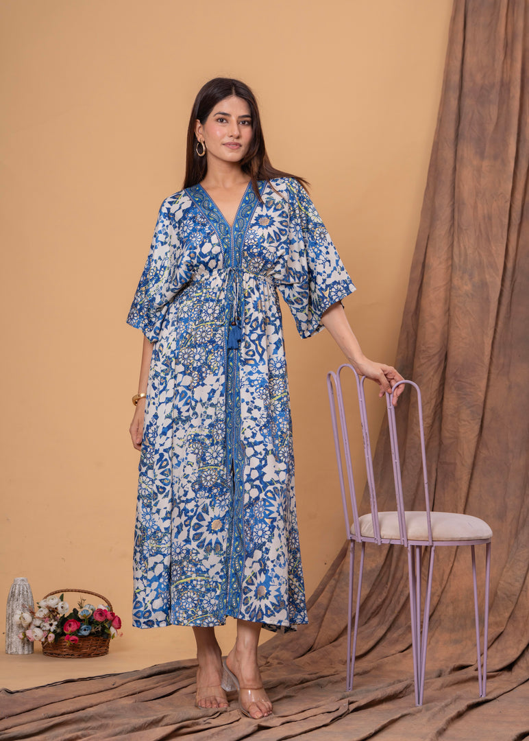 Sencei Women's Silk Printed Kaftan Maxi Dress | Elegant V-Neck Kimono Sleeve Lounge Wear for Summer & Resort