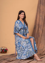 Load image into Gallery viewer, Sencei Women&#39;s Silk Printed Kaftan Maxi Dress | Elegant V-Neck Kimono Sleeve Lounge Wear for Summer &amp; Resort

