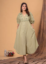 Load image into Gallery viewer, Sencei Puff Sleeve Cotton Button-Down Midi Dress
