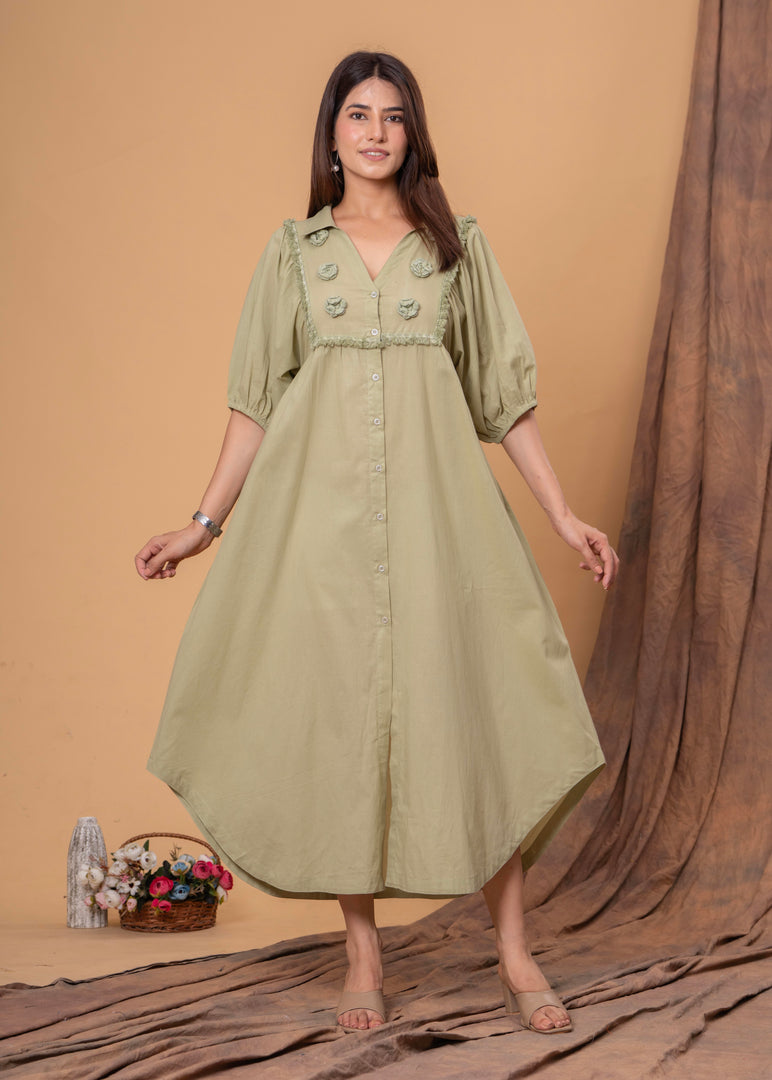 Sencei Puff Sleeve Cotton Button-Down Midi Dress