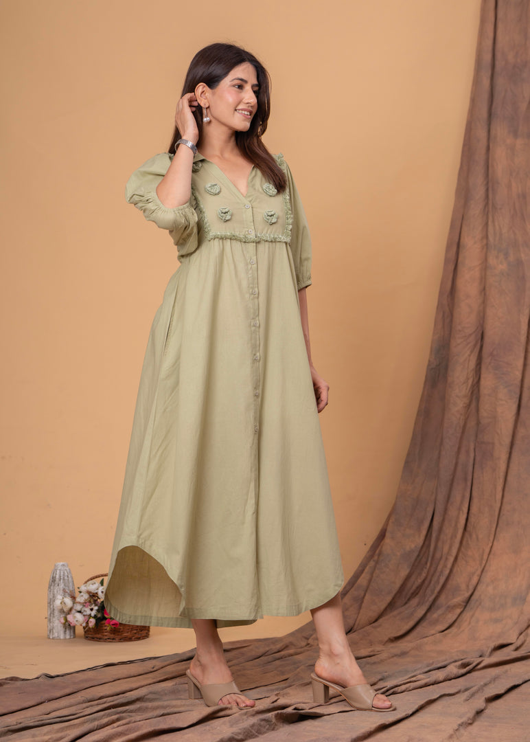Sencei Puff Sleeve Cotton Button-Down Midi Dress