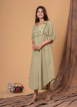 Load image into Gallery viewer, Sencei Puff Sleeve Cotton Button-Down Midi Dress
