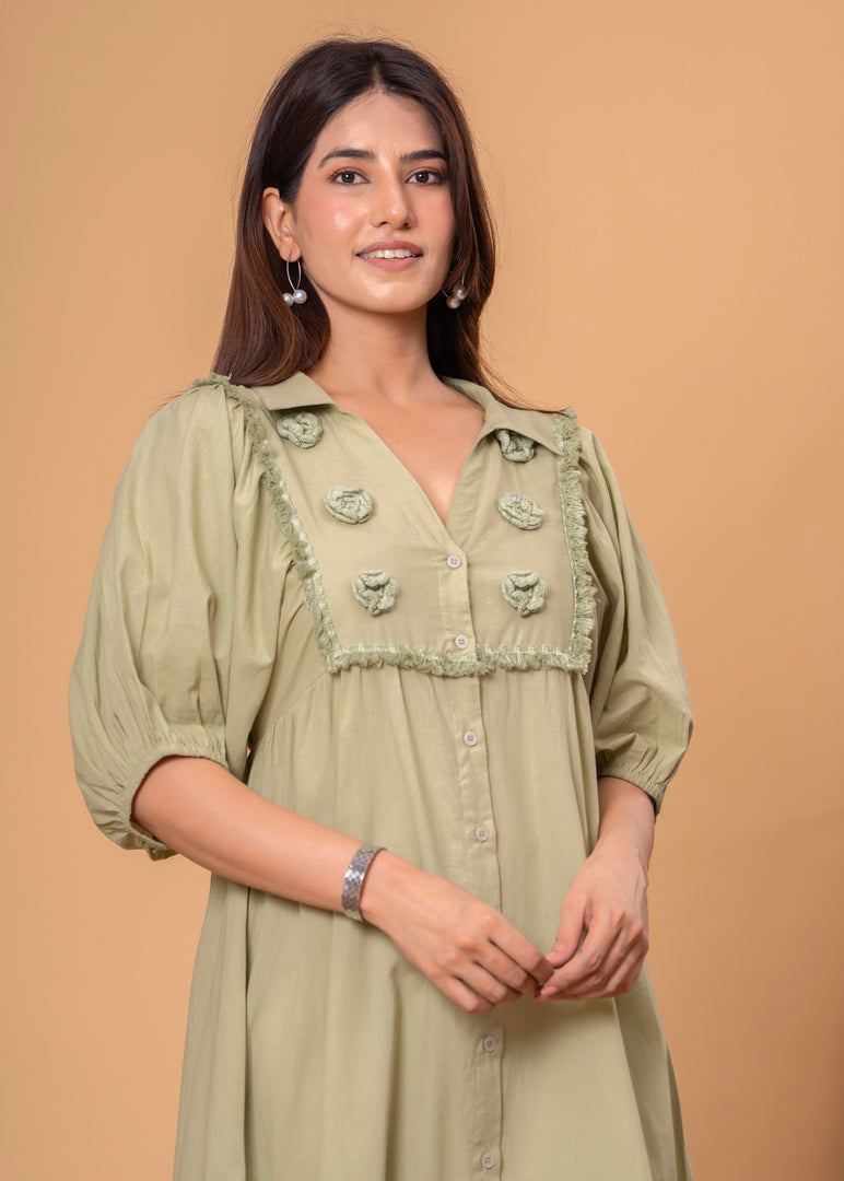 Sencei Puff Sleeve Cotton Button-Down Midi Dress