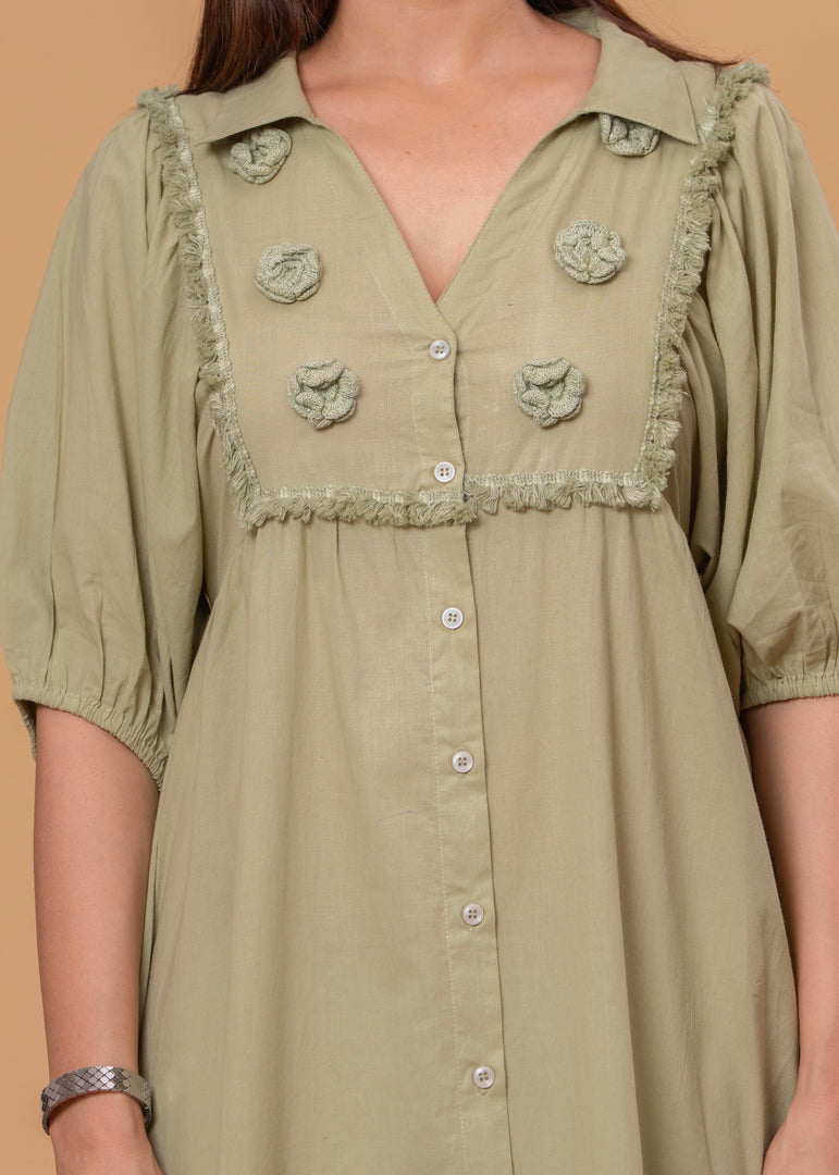 Sencei Puff Sleeve Cotton Button-Down Midi Dress