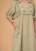Load image into Gallery viewer, Sencei Puff Sleeve Cotton Button-Down Midi Dress
