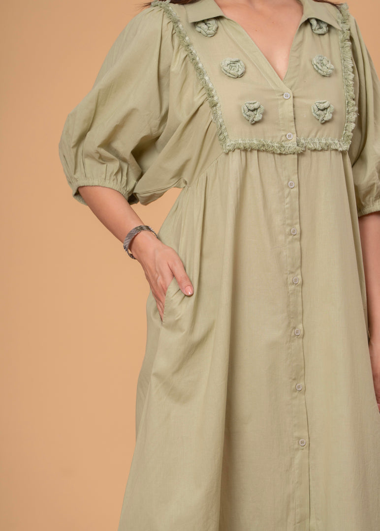 Sencei Puff Sleeve Cotton Button-Down Midi Dress
