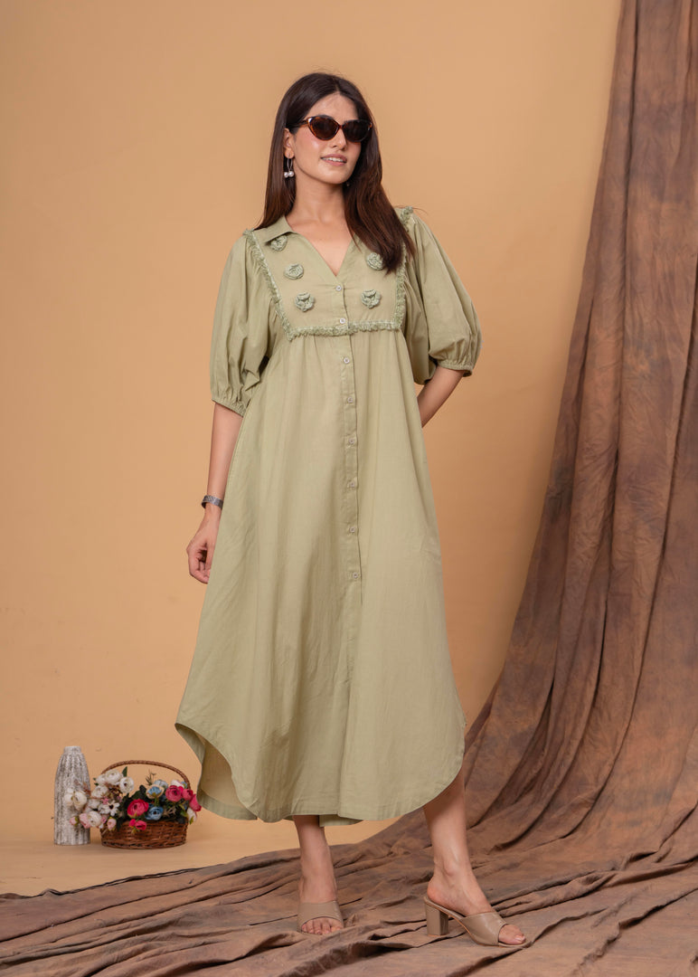 Sencei Puff Sleeve Cotton Button-Down Midi Dress