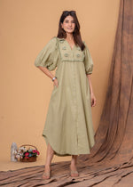 Load image into Gallery viewer, Sencei Puff Sleeve Cotton Button-Down Midi Dress
