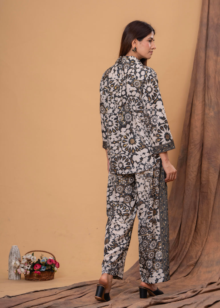 Sencei Women's Viscose Printed Co-Ord Set | Button-Down Shirt & Wide-Leg Pants | Designer Two-Piece Outfit
