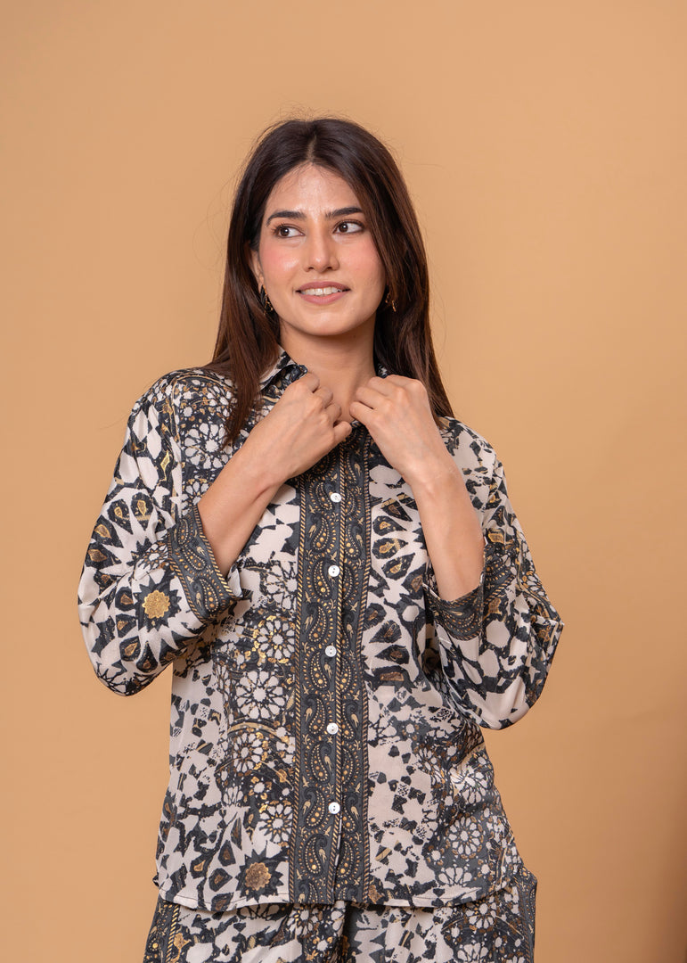 Sencei Women's Viscose Printed Co-Ord Set | Button-Down Shirt & Wide-Leg Pants | Designer Two-Piece Outfit