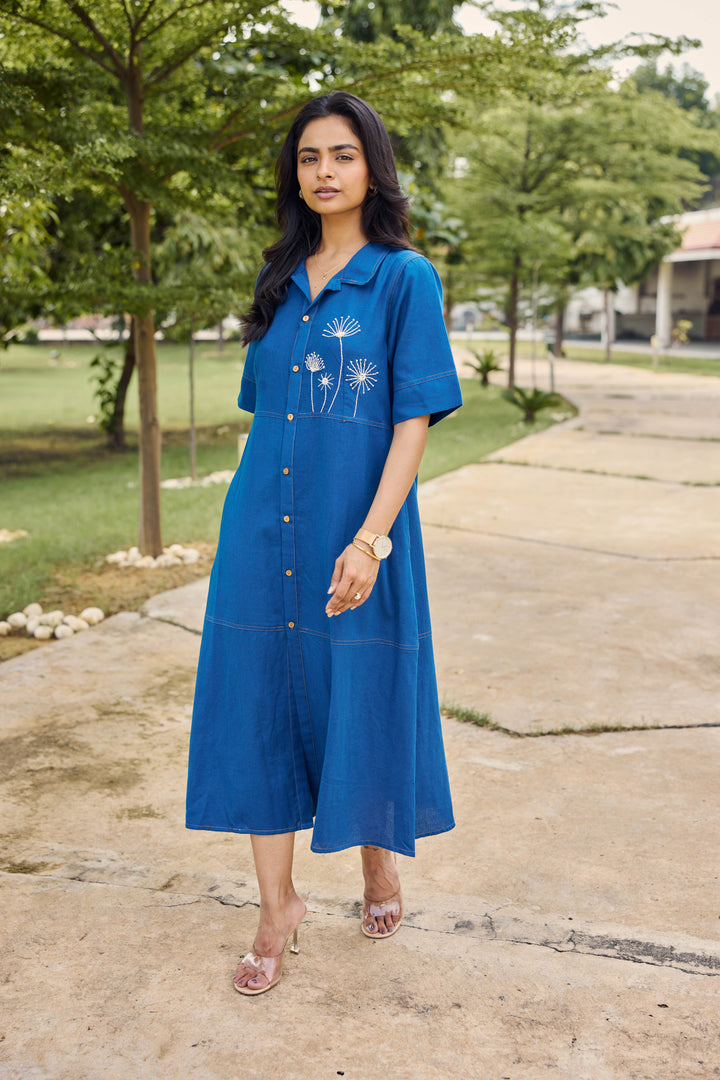 Sencei Daylight Blue Shirt Dress with Delicate Embroidery