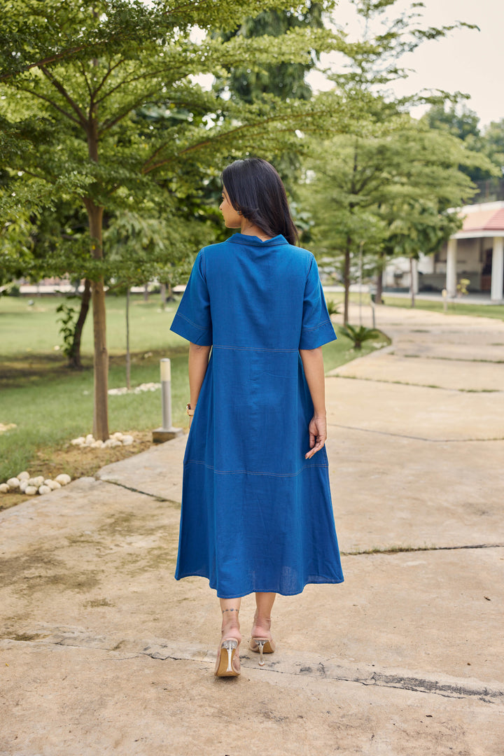 Sencei Daylight Blue Shirt Dress with Delicate Embroidery