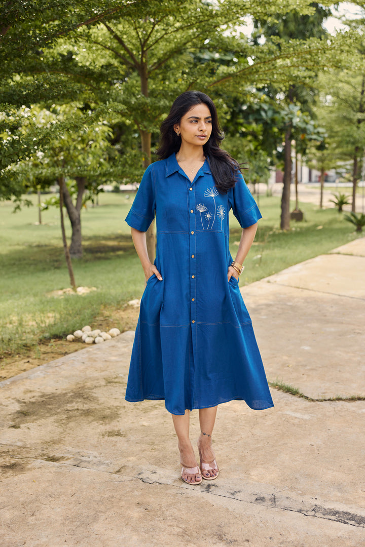 Sencei Daylight Blue Shirt Dress with Delicate Embroidery
