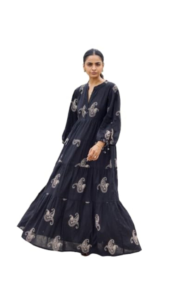 Sencei Women's Black Cotton Embroidered A-Line Kurta Dress