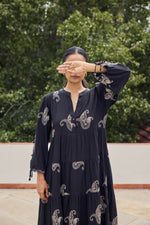 Load image into Gallery viewer, Sencei Women&#39;s Black Cotton Embroidered A-Line Kurta Dress
