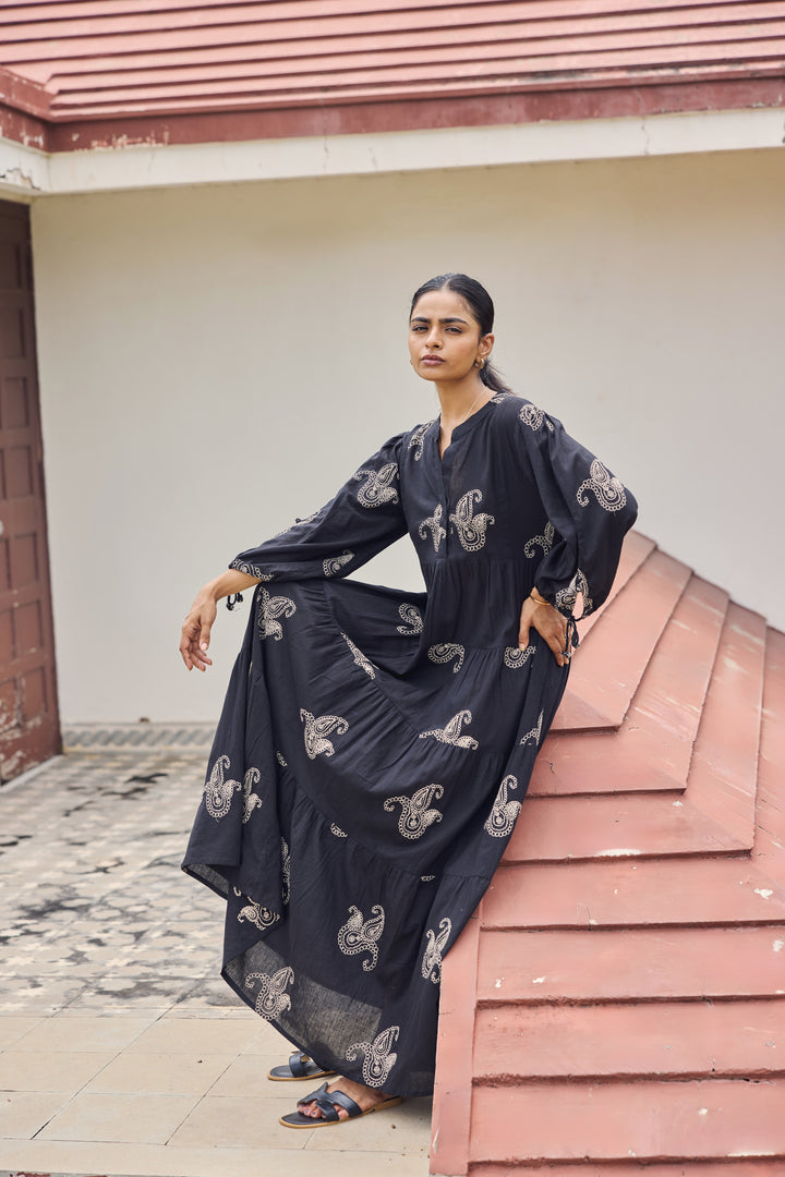 Sencei Women's Black Cotton Embroidered A-Line Kurta Dress