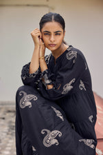 Load image into Gallery viewer, Sencei Women&#39;s Black Cotton Embroidered A-Line Kurta Dress
