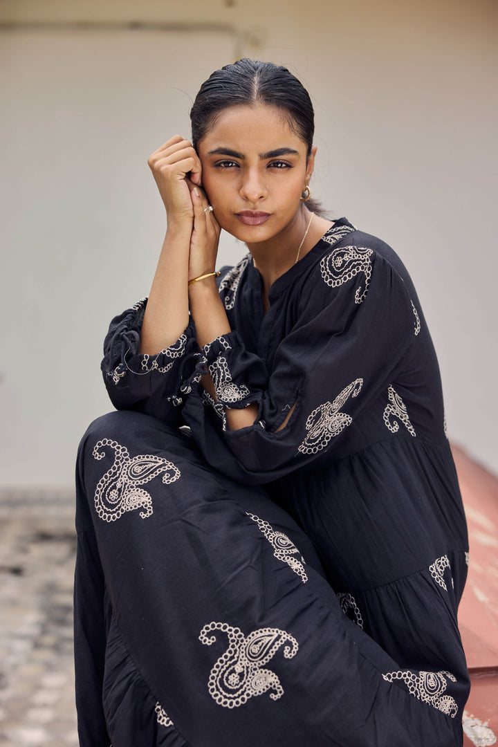 Sencei Women's Black Cotton Embroidered A-Line Kurta Dress