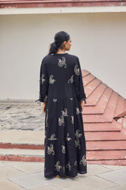 Sencei Women's Black Cotton Embroidered A-Line Kurta Dress