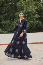 Load image into Gallery viewer, Sencei Women&#39;s Black Cotton Embroidered A-Line Kurta Dress
