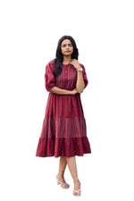 Load image into Gallery viewer, Sencei Maroon Cotton Tiered Midi Dress with Puff Sleeves
