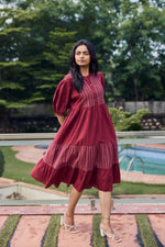 Load image into Gallery viewer, Sencei Maroon Cotton Tiered Midi Dress with Puff Sleeves
