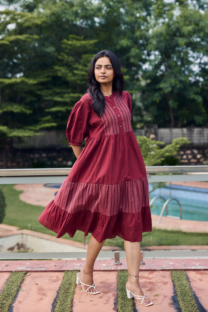Sencei Maroon Cotton Tiered Midi Dress with Puff Sleeves