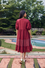 Load image into Gallery viewer, Sencei Maroon Cotton Tiered Midi Dress with Puff Sleeves

