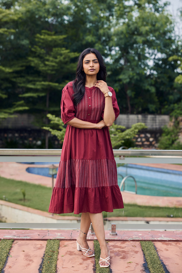 Sencei Maroon Cotton Tiered Midi Dress with Puff Sleeves