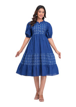 Load image into Gallery viewer, Sencei Women&#39;s Katha Cotton Handcrafted Fit and Flare Midi Dress with Puff Sleeves – Indigo Blue
