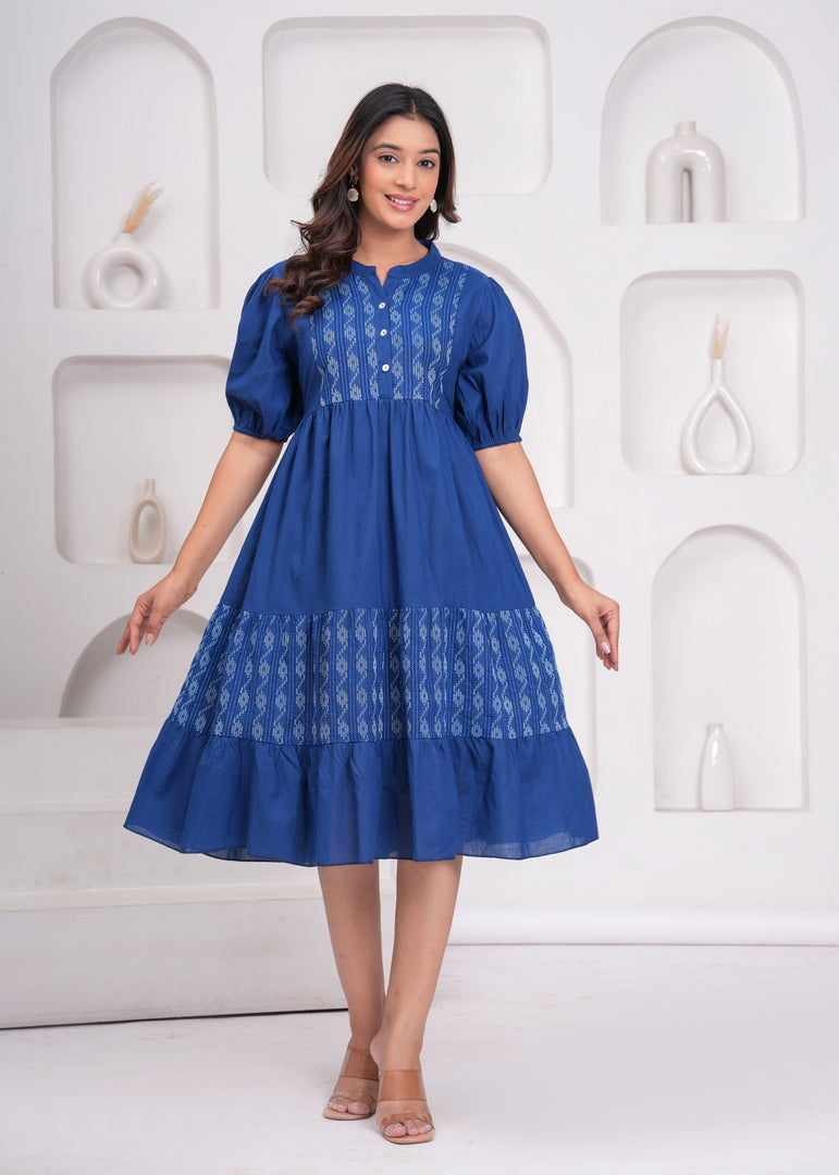 Sencei Women's Katha Cotton Handcrafted Fit and Flare Midi Dress with Puff Sleeves – Indigo Blue